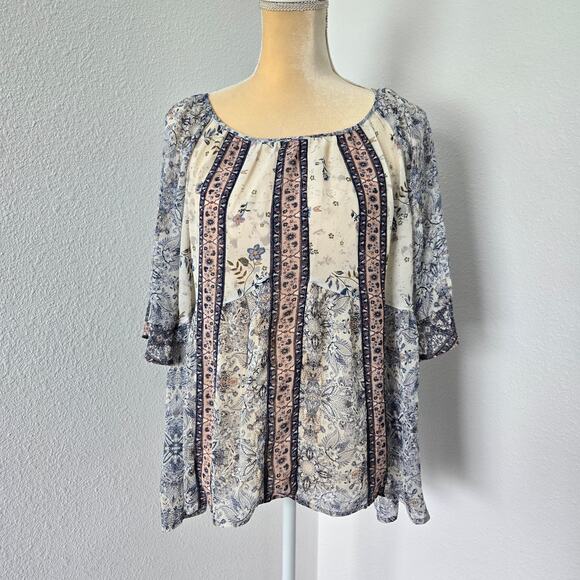 Knox Rose Tops - Knox Rose Women's Sheer Boho Floral Bell 3/4 Sleeve Blouse  Size L